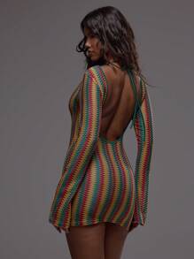 MUSERA 喇叭袖装饰条纹钩针迷你连衣裙波西米亚风节日假日沙滩装夏季度假可爱优雅伊比沙岛约会之夜、夜间外出、生日