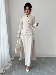 Elenzga 2 件套女士秋季优雅复古风格纽扣装饰夹克和高腰半身裙 - 杏色 - 查看 5