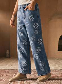 Manfinity VCAY Jeans rectos de cintura media con estampado floral simple y tejido casual para hombres - Azul - Ver 5