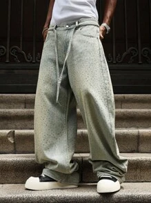 PAVTROS 复古男士水钻装饰图案牛仔裤 - 淺色水洗藍 - 查看 5