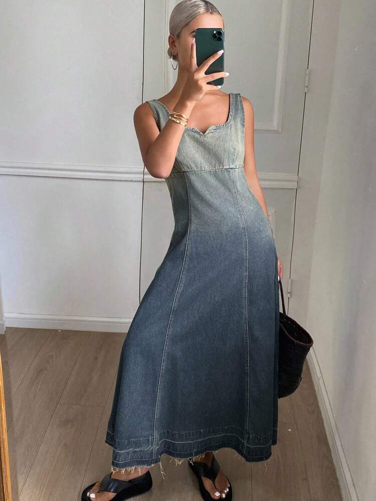 Washed Ombre Sleeveless Women Denim Dress Summer Women Dress
