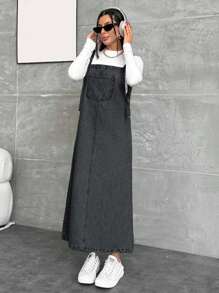 EURMUSE WOMEN LONG DENIM DRESS POCKET DETAILED - Dark Grey - View 6