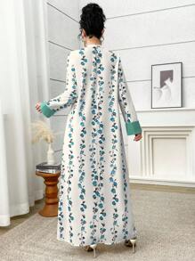 Yasmyna 女式花卉印花 V 领长袖阿拉伯风格长裙 - 藍色 - 查看 2