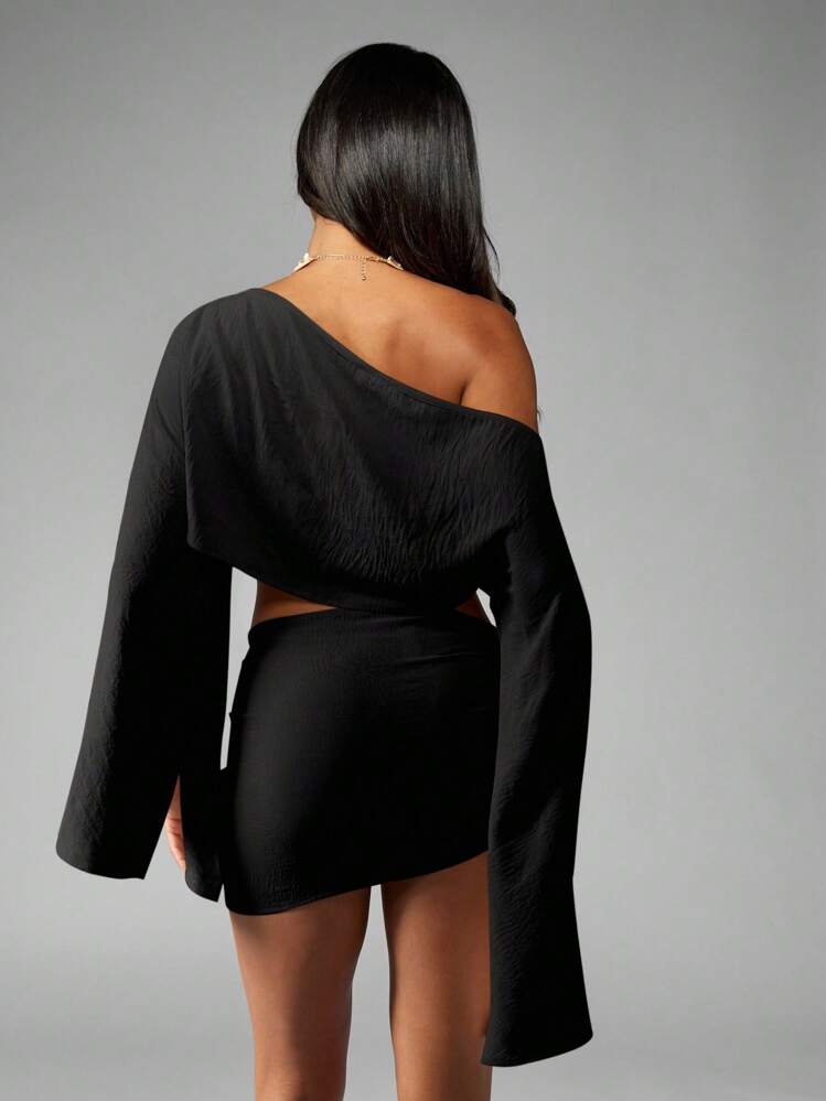 MISSGUIDED 海滩亚麻感觉套装罩衫长袖裹身式度假服夏季假日泳衣罩衫沙滩装 - 黑色 - 查看 2