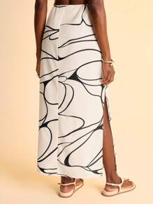 CAJUNI Falda informal de estilo boho y tropical con estampado de líneas abstractas para vacaciones - Multicolor - Ver 2