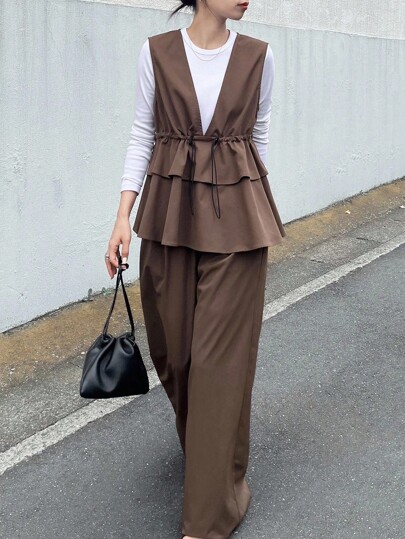 FRIFUL 2pcs Women's Solid Color Sleeveless Shirt With Ruffle Hem And Wide Leg Pants Set Brown Two Piece Set Women Brown Outfit Women Vest And Pants Set Office Outfits For Women Set Brown Vest And Pants Set Women