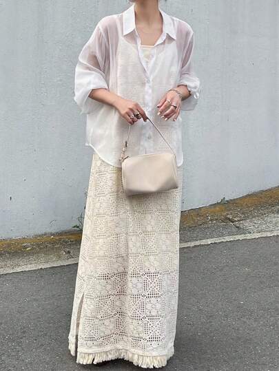 FRIFUL Women's Lace Slip Dress With Loose Solid Color Casual Blouse Two Pieces Set, Autumn