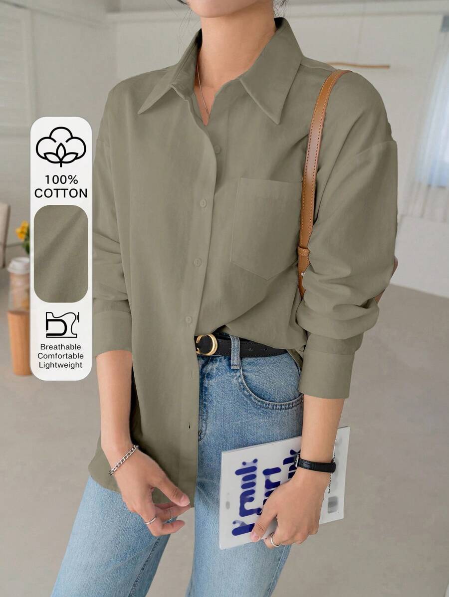 DAZY 女士纯色单排扣口袋长袖宽松休闲衬衫，秋季女装 - 卡其色 - 查看 1