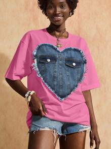Denim Heart Design Oversize T-Shirt, Cotton Material, Round Neck, Decorative Denim Pocket Detail, Distressed Heart Pattern, Short Sleeves, Casual Wear, Creative Style, Regular Fit, Statement Piece, Perfect For Daily Wear, Unique Design Element, Breathable Cotton Fabric - Baby Pink - View 7