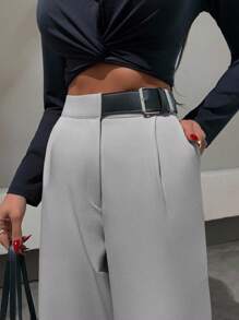EURMUSE Elegant Style, Half Faux Leather Belt Detailed Straight Fit Pant - Grey - View 3