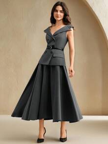 Anewsta Đầm midi màu xám thiết kế trễ vai thanh lịch mới, thắt eo, trang phục công sở - Xám - Xem 4