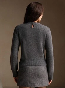 Jersey tejido de mezcla de lana elegante unicolor con vellón y cuello de cristales de Anewsta, apto para otoño/invierno - Gris Oscuro - Ver 7