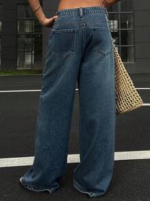 Quần Jeans Ống Thẳng Rộng Đơn Giản In Họa Tiết Xích Cho Nữ, Phong Cách Đường Phố - Rửa trung bình - Xem 5