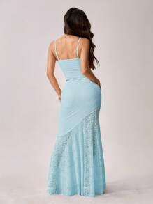 SHEIN PETITE 女装春夏度假结婚季透视蕾丝不对称下摆背心和低腰包臀鱼尾荷叶边加长不对称下摆裙两件套淡蓝色两件套 - 淺藍色 - 查看 2