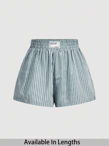 SHEIN PETITE CURVE 女士休闲宽松高腰字母条纹腰带松紧腰短裤