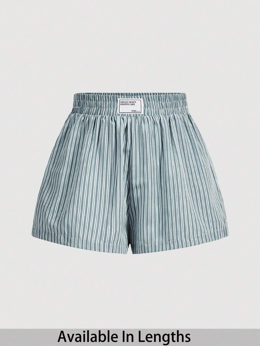 SHEIN PETITE CURVE 女士休闲宽松高腰字母条纹腰带松紧腰短裤