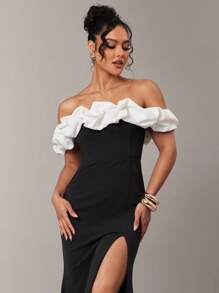Silquee Vestido de mujer con abertura alta y hombros descubiertos en contraste - Negro - Ver 6