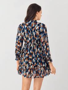 Miaspire Allover Print Flounce Sleeve Ruffle Hem Pleated Collar Shirred Dress - Blue - View 2