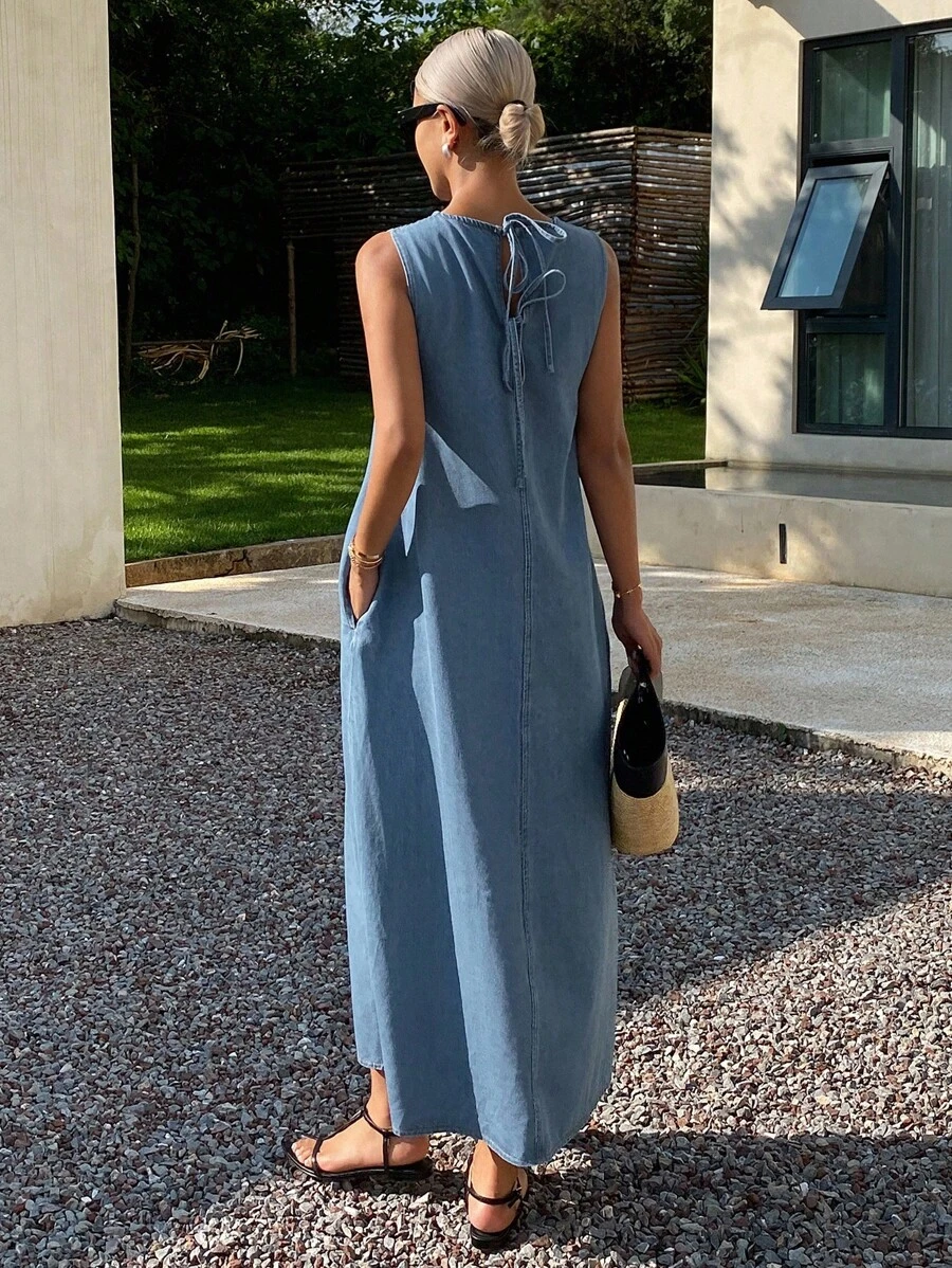 Livesso Women's Round Neck Sleeveless Loose Casual Denim Dress Summer Women Dresses Sundress