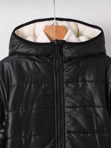 SHEIN Tween Boy 黑色羊毛连帽拉链加厚棉服，休闲百搭百搭柔软舒适，适合冬季户外玩雪