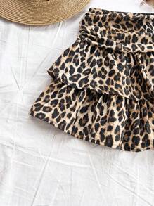SHEIN 少女休闲豹纹叠层半身裙 - 棕色 - 查看 4