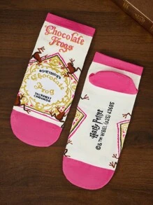 HARRY POTTER X SHEIN 5 Pairs Gift Box Packaging Soft & Breathable Moisture-Wicking Casual Women Ankle Socks WithBertie Bott's Every Flavor Beans Fashionable And Cute Pink Short Socks Reinforced Toe & Heel For Durabiliy All Season All-Match,Christmas
