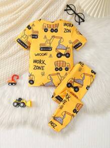 2 件套幼儿男童休闲卡车和字母印花圆领短袖上衣和松紧腰针织紧身裤，可爱家居服 - 黃色 - 查看 2