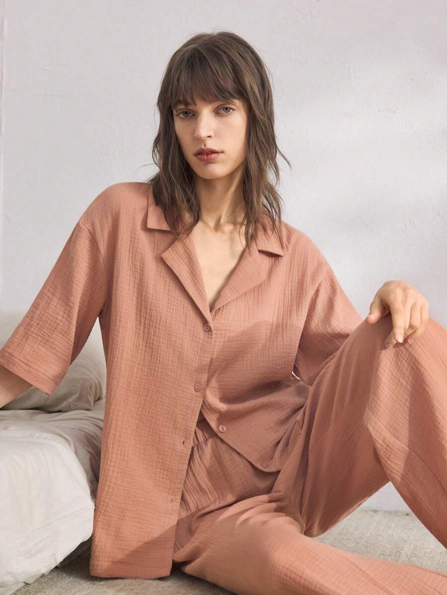 Ocili Bộ đồ ngủ cotton thường ngày dành cho nữ có cổ, trang phục - Rỉ Nâu - Xem 1