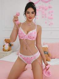 PetitDoll 2pcs Romantic Print Contrast Lace Wireless Bra Set