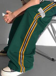 Tween Boys Casual Versatile Comfortable Colored Webbing Letter Woven Label Straight Loose Woven Plain Pants, Suitable For Commuting, School, Daily, Vacation, Sports, Spring/Summer/Fall/Winter