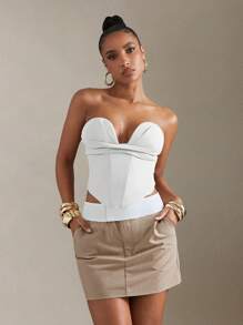 Hauture 女士纯色褶饰设计抹胸短款上衣，性感修身 - 白色 - 查看 4