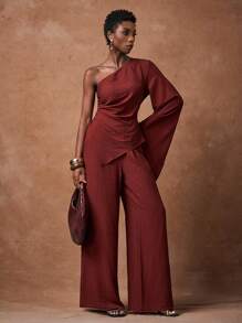 Zivah New Early Autumn Autumn Leisure Vacation Daily Dating Commuting Elegant Beach Cruise Party Simple Internet Celebrity Hot Style Flip One Shoulder Oblique Shoulder Flared Sleeves Short Front And Long Back Sleeves Long Oblique Hem Side Slits Side Seam Gathered Long Top + Elastic Waist Wide Leg Pants Super Long Pants Red Brown Fabric Women's Two Pieces Suit-B,Fall - Redwood - View 7