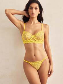 Charlaine Embroidery Underwire Lingerie Set - Yellow - View 4
