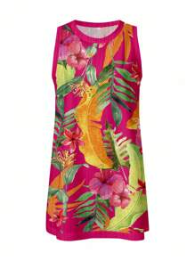 SHEIN EZwear Women's Casual Sleeveless Color Block Trim Short Dress, Suitable For Summer Vacation, Tropical Floral, Leaf Print Tropical Print Dress Tropical Vacation Dress Summer Dress Hawaiian Dress Aloha Dress Boho Suitable For Going Out Chic Dress - Multicolor - View 3