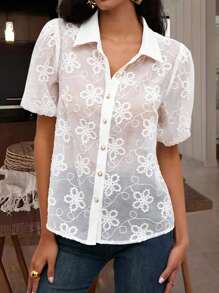 INAWLY Women's Embroidered Button See-Through Short Sleeve Casual Blouse For Summer - White - View 6