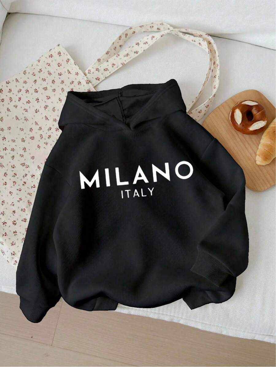 SHEIN Tween Girls Casual Fashionable Creative Minimalist Letter Slogan & Milano Print Hooded Sweatshirt Black Hoodie Black Sweatshirt Milano Hoodie Sweatshirt For Girls Cute Hoodie Fall Winter - Black - View 1