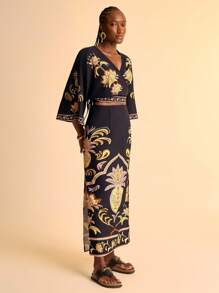 CAJUNI Damen Retro Blumen Muster V-Ausschnitt Crop Bluse für Urlaub - Boho Damen Bekleidung / Westliche Kleidung für Frauen / Grafik / Lässig Frau - Basic / Ausgeh Tops Frauen / Herbst Damen Kleidung - Verschiedenfarbig - Übersicht 4