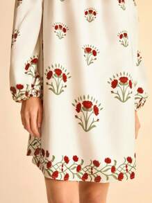 CAJUNI 女士休闲度假米红色花朵单肩印花长袖灯笼袖露肩短裙约会夜服装女士秋季连衣裙女士演唱会服装女士波西米亚风服装 - 彩色 - 查看 8