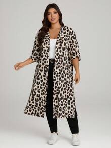 Comfylo Leopard Print Open-Front Kimono Loose-Fit Plus Size Women Top Winter Fall Autumn - Multicolor - View 3