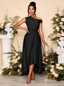 SOLERSUN 女式春夏时尚优雅约会派对紫色弹力针织舒适褶皱细节垂坠连衣裙不对称领口不对称下摆开衩长裙 - 黑色 - 查看 3