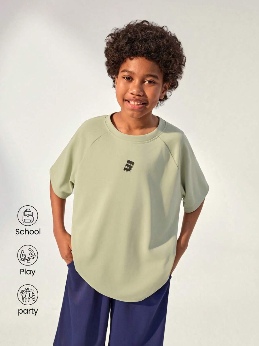 JNSQ Back To School Casual Outdoor Sports Short Sleeve T-Shirt, Kids Round Neck Funny Number Print Outdoor Leisure Sports Short Sleeve T-Shirt - Apricot - View 1