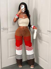 BamGleam Casual Fashionable Pockets & Drawstring Design Women Sweater Pants Striped Design - Orange - View 6