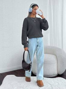 EURMUSE 女士纯色圆领落肩厚实套头衫 - 深灰色 - 查看 6