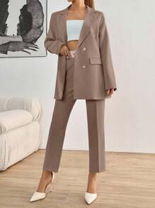 EURMUSE Women's Solid Color Double-Breasted Blazer & Pants Suit Set - Mocha Brown - View 5