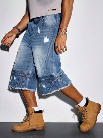 Street Life Bermuda di jeans casual da uomo con orlo sfrangiato e lavaggio delavé