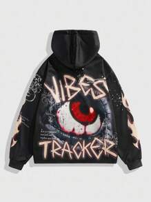 ROMWE MEN Anime Sudadera con capucha con estampado de llamas y eslogan de moda para hombre - Negro - Ver 2