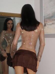 EgrlEra 女士水钻渔网短款上衣，适合酒吧、派对、音乐节 - 棕色 - 查看 2