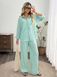 SHEIN LUNE Women's Casual Striped Basic Outfit Set, Simple Long Sleeve Top And Pants, Everyday Wear Lounge Sets For Women Sets 2 Pieces Women Matching Sets Women Co Ords Sets Women Going Out Outfits Airport Outfit For Women Back To School Streetwear Vacation Two Pieces Set Vacation Outfits Women Button Up Shirt Women Hawaii Outfits Women Lounge Sets For Women - Green - View 6