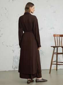 Dazy-Less Conjunto de 2 piezas para mujer: Vestido camisa y falda de unicolor, estilo de negocios casual, con cordón y cinturón, apropiado para otoño, primavera y verano - Marrón - Ver 3