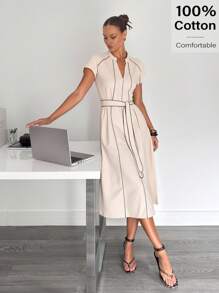 Siren Gaze 女士教师服装 - 女士机场服装 - 2025 年新款女士亚麻 V 领蝙蝠袖打结腰部休闲中长连衣裙，复古风格，适合秋夏季节，采用舒适棉质面料制成，适合工作、日常、通勤和外出 - 卡其色 - 查看 2